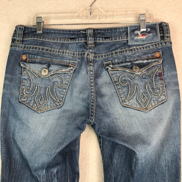 MEK Prague Boot Cut Jeans Womens 31x34 Medium Wash Denim Mid Rise Distressed - Picture 9 of 15